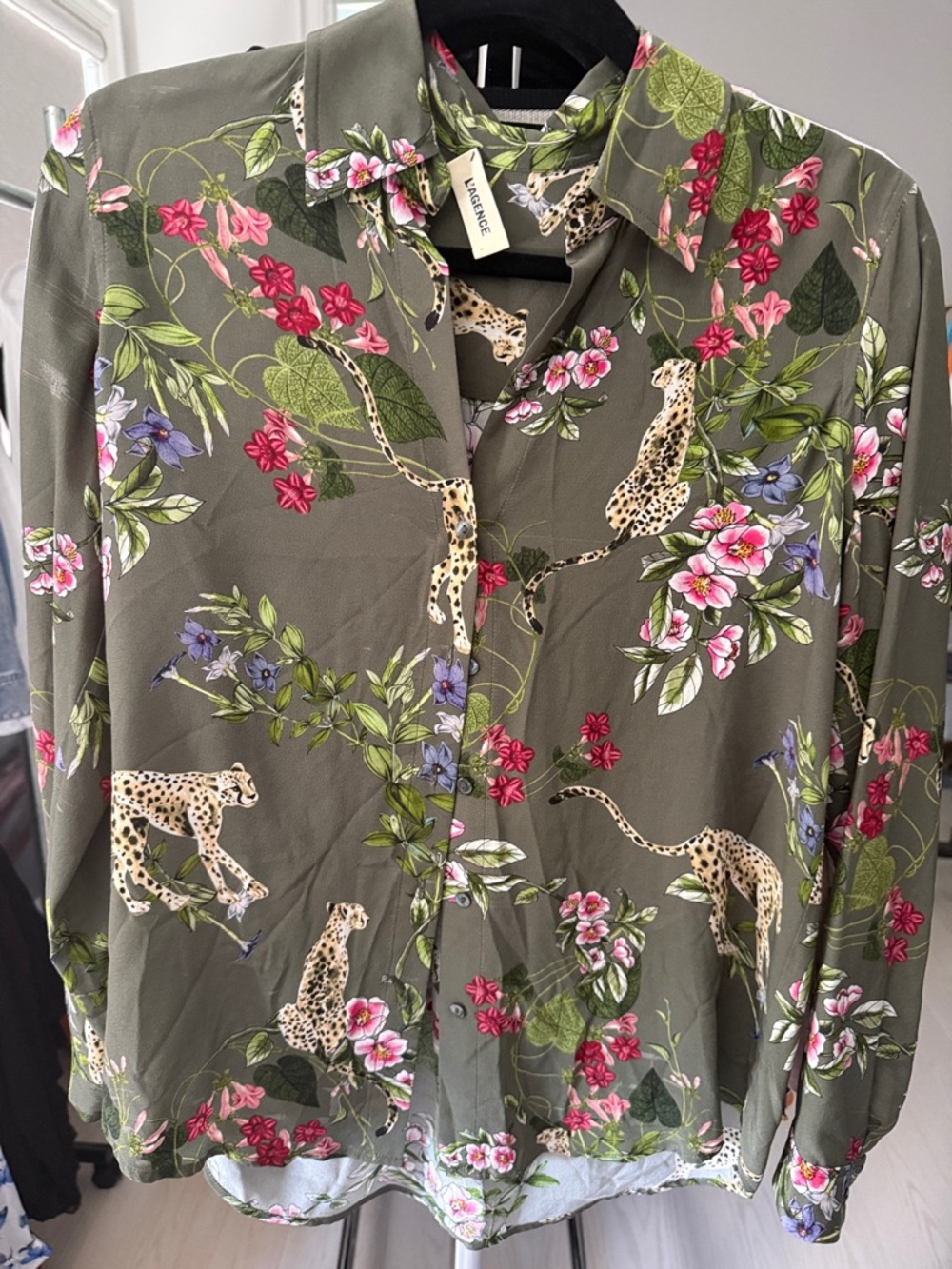 L'Agence  Olive Floral & Leopard Print Button-Up Blouse